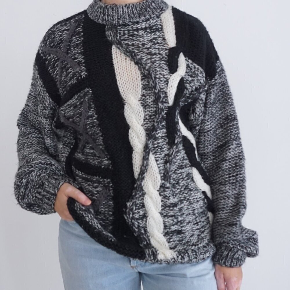 Vintage City Streets Gray Black Cable Knit Rope Fisherman Cottagecore Sweater M